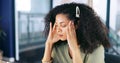 Tired, massage and black woman at office with headache thinking of stress, mistake or fail. Tension, anxiety and burnout