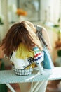 Woman with iron, clothes basket in modern house in sunny day Royalty Free Stock Photo