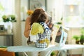 Woman with iron, clothes basket at modern home in sunny day Royalty Free Stock Photo