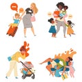 Tired Mom with Kids Feeling Stress and Exhaustion of Noisy and Naughty Toddler Vector Set