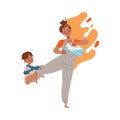 Tired Mom Pouring Milk with Little Son on Her Leg Feeling Stress and Exhaustion of Noisy and Naughty Kid Vector