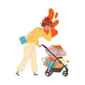 Tired Mom Pushing Baby Stroller with Shopping Bags Feeling Stress and Exhaustion of Multitasking Vector Illustration Royalty Free Stock Photo