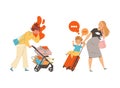 Tired Mom Pushing Baby Stroller with Shopping Bags and Suitcase Feeling Stress and Exhaustion of Multitasking Vector Set Royalty Free Stock Photo