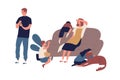 Tired mother having many children sitting on couch after tough day vector flat illustration. Indifference husband