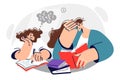 Tired mother helps daughter do homework and clutches head seeing complex mathematical example. Royalty Free Stock Photo