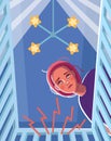 Tired mother watching a crying baby.View from the baby cradle. Cartoon vector illustration