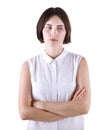 A tired office female, isolated on a white background. A sad lady. The girl was offended. A disappointed woman. Royalty Free Stock Photo