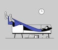 Tired office worker sleeps at work. Vector line illustration