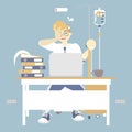 Tired overwork businessman holding IV intravenous stand with infusion drip bag, health care concept