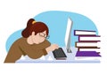 Tired woman in the office sitting asleep on the desk Long working day vector illustration Royalty Free Stock Photo