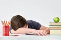 Tired and overworked caucasian teenager pupil felt asleep at the desk while doing his homework. Royalty Free Stock Photo