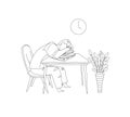Tired overworked man sleeping on table outline vector Royalty Free Stock Photo
