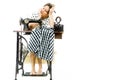 Tired overworked woman dressmaker sleeping by old sewing manual machine - dreaming Royalty Free Stock Photo