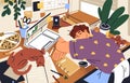 Tired overworked workaholic sleeping at desk in mess. Exhausted freelance worker overloaded with work, napping at