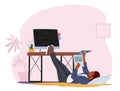 Tired Overworked Worker, Business Character Lying on Floor near Office Desk Looking Movie on Laptop Postpone Work