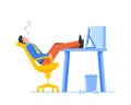 Tired Overworked Worker, Business Character Sleep with Legs Lying on Office Desk. Manager Postpone Work due Burnout