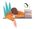 Tired Overworked Young Man Sitting at Laptop with Hang Head Vector Illustration