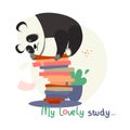 Tired panda lies on books