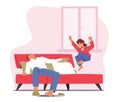 Tired Parent with Hyperactive Child at Home, Fatigue Father Character Sleep while Son Jumping on Bed, Dad Tiredness Royalty Free Stock Photo