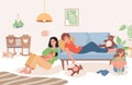 Tired parents with little child in the living room vector flat illustration. Parenthood, parenting concept.