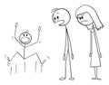 Parents Looking at Naughty Child , Vector Cartoon Stick Figure Illustration