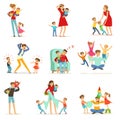 Tired parents and their children set, parenting stress vector Illustration Royalty Free Stock Photo