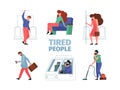 Tired people. Stressed managers mentally problems of male and female sleeping characters garish vector tired persons