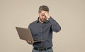 tired programmer man use pc. entrepreneur or manager. agile business.