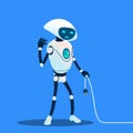 Tired Robot Holding Charging Cord Vector. Lost Connection. Isolated Illustration