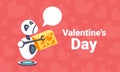 Tired robot holding gift box present happy valentines day concept chat bubble communication artificial intelligence