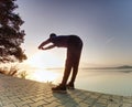 Tired runner on trail take short break for deep breathing Royalty Free Stock Photo