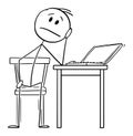 Tired or Sad Man Working on Computer at Home During Quarantine, Home Office , Vector Cartoon Stick Figure Illustration