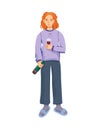 Tired sad woman with bottle of wine. Drunk woman with alcohol addiction. Alcoholic female. Vector illustration Royalty Free Stock Photo