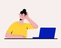 Tired sad woman working on laptop. Stress because of computer problems, professional burnout, office or freelance Royalty Free Stock Photo