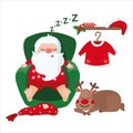 Tired Santa Claus and Deer sleeping on chair isolated on white background