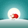 Tired Santa Claus walking with gifts bag - moonlight landscape Royalty Free Stock Photo