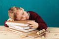 Tired school boy asleep on books. little student sleeping on tex Royalty Free Stock Photo