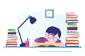 Tired schoolboy sleeps at workplace. Young boy doing homework. Lot of textbooks on desktop. Student studying hard overnight Royalty Free Stock Photo