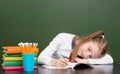 Tired schoolgirl spoils the eyesight during the exam Royalty Free Stock Photo