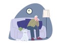 Tired senior man with dog sleep on couch. Loneliness in old ages, male rest at home with puppy. Flat retirement vector