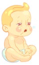 Tired sick baby sit in diaper. Cartoon toddler