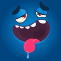 Tired and silly cartoon monster face with big eyes showing tongue. Vector Halloween blue monster. Royalty Free Stock Photo