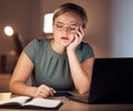 Tired, sleeping and burnout by business woman working at night in office on laptop for deadline, email or proposal Royalty Free Stock Photo