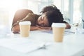 Tired, sleeping and business woman on desk with fatigue, stress and exhausted working in office. Burnout, overworked and Royalty Free Stock Photo