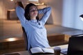 Tired, sleeping and business woman in office resting after working late on laptop at night. Sleep, relax and female Royalty Free Stock Photo