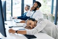 Tired, sleeping in call center and team burnout while giving customer service, consulting online and working at Royalty Free Stock Photo