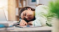 Tired, sleeping and woman on laptop for remote work exhausted for project, report and working from home. Stress Royalty Free Stock Photo