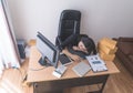 Tired sleepy female office worker is sleeping with a lot of work on desk Royalty Free Stock Photo