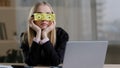 Tired sleepy funny lazy caucasian business woman with sticky notes on eyes glasses with stickers. Fatigued female worker Royalty Free Stock Photo