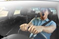 Tired sleepy man or driver driving car and yawning Royalty Free Stock Photo